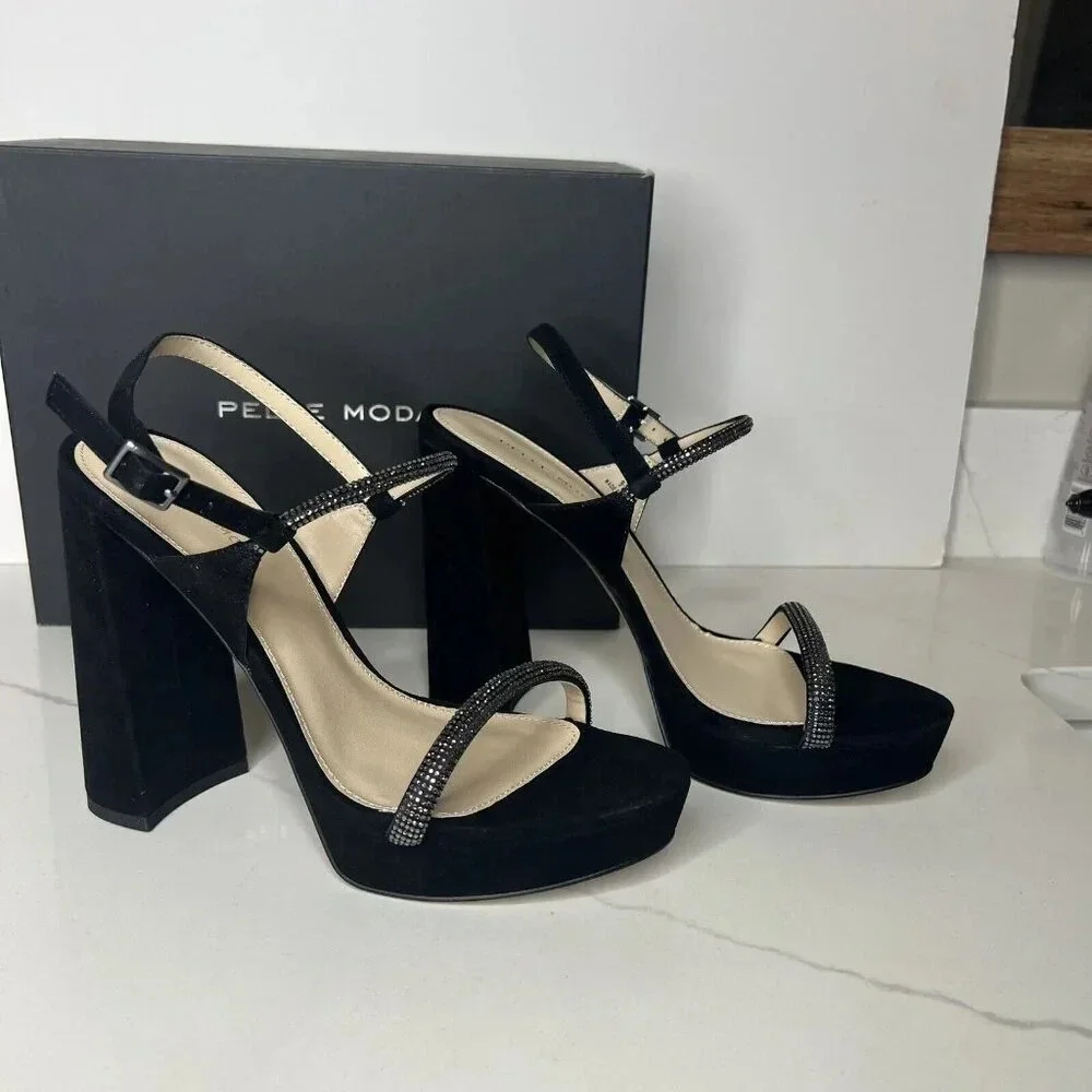Pelle Moda Olina Slingback Platform Block Heels Sandals Black Sz 9.5